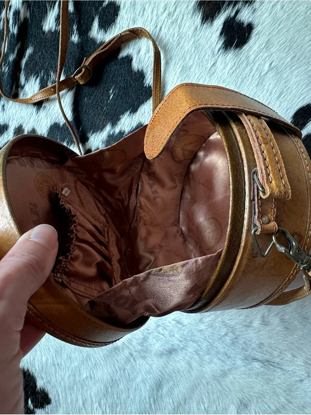 Vintage Leather Pillbox Crossbody Purse with Travel Stickers & Magnetic Closure